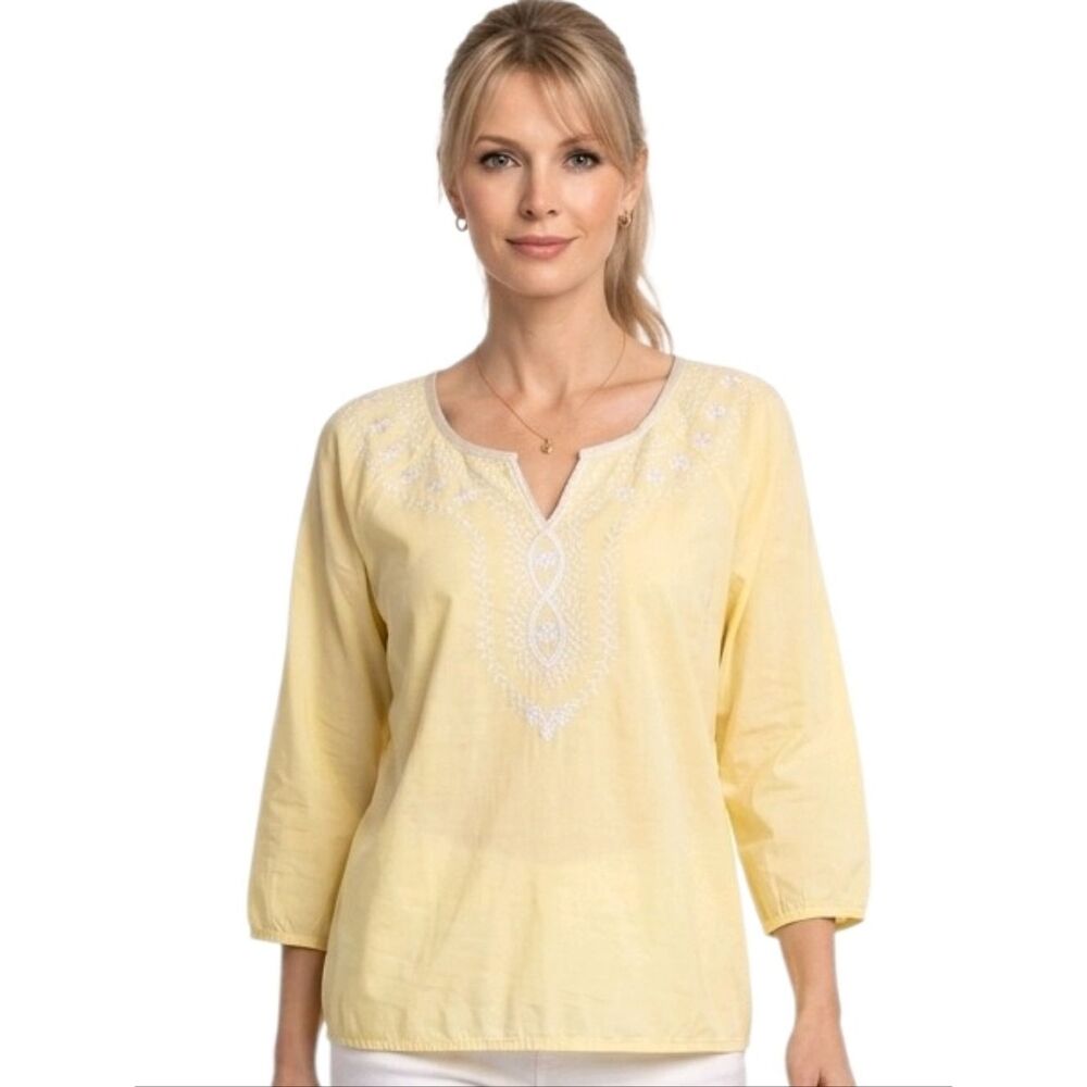 Relativity Yellow Embroidered 3/4 Sleeve Sheer 100% Cotton Summer Blouse Size S